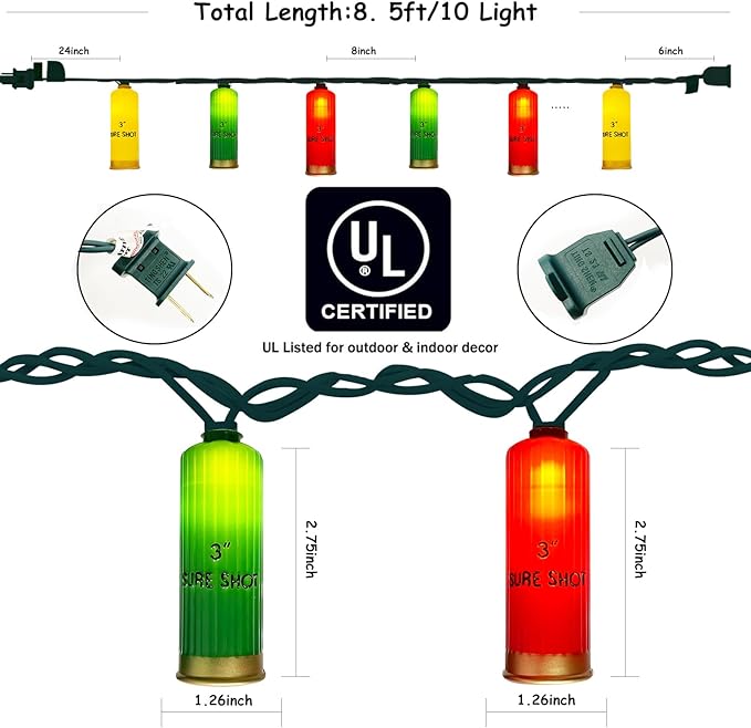 Multicolor Shotgun Shell String Lights Plug in, 8.5Ft Outdoor Christmas Decorations Lights with 10 LED 3D Bullets Lights, Hanging Novelty Bullets Shell Light for Outdoor Patio Garden Backyard Party