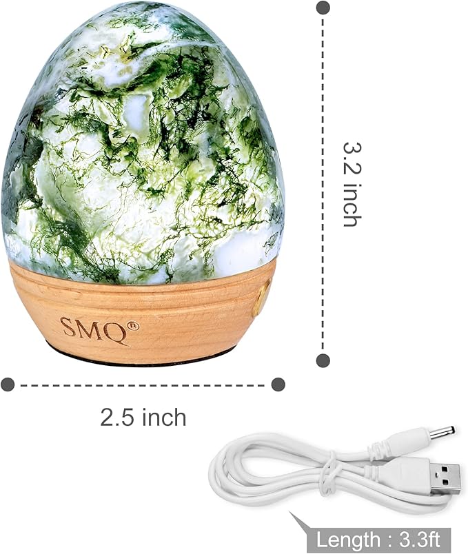 SMQ Moss Agate Crystal Night Light with Rechargeable 2 Colors Touch Control Table Lamp with Wooden Base for Kids Adult Living Room Bedroom(Egg-Shape)
