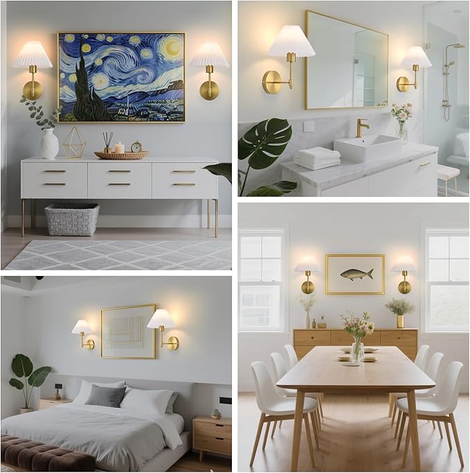Battery Operated Wall Sconces Set of 2,Gold Rechargeable Wall Lights with Remote,Dimmable Wall Lamp with Pleated Shades,15 Colors Wireless Bathroom Vanity Wall Sconce for Bedroom Living Room Hallway