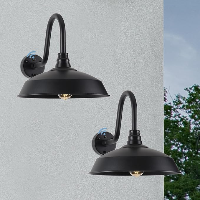 Outdoor Barn Lights with Dusk to Dawn Sensor for Porch, 16in Exterior Light Fixture with Wall Mount, Black Industrial Outdoor Wall Sconces Outside for Barn, Garage, Patio, 2 Pack