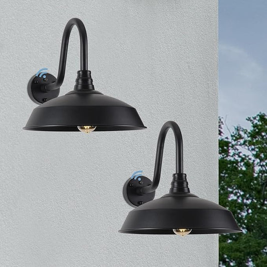 Outdoor Barn Lights with Dusk to Dawn Sensor for Porch, 16in Exterior Light Fixture with Wall Mount, Black Industrial Outdoor Wall Sconces Outside for Barn, Garage, Patio, 2 Pack