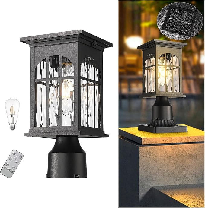 Solar Lamp Post Lights Outdoor Waterproof, Dusk to Dawn Outside Pole Light Fixture with Remote, Exterior Pillar Lantern with Water Ripple Glass and LED Bulb for Pathway Garden Patio Gargae