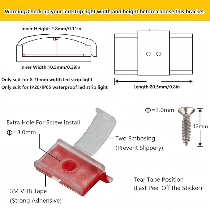 Threetwofour 100 Pack Double Installation LED Strip Light Mounting Bracket Self Adhesive LED Clips Only use for Width 8-10mm/0.31-0.39in Height<2.8mm/0.11in Indoor LED Strip Light with 102PCS Screws
