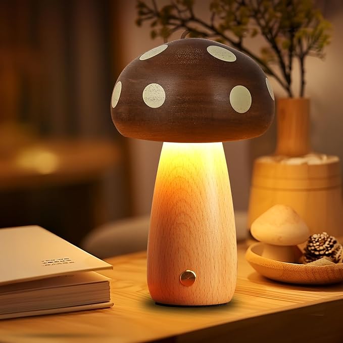 2 Pack LED Wood Mushroom Table Lamp, Rechargeable Cordless Touch Bedside Small Lamps, Wireless Stepless Dimming Night Light, Portable Battery Lamp for Bedroom Nightstand for Birthday Gifts