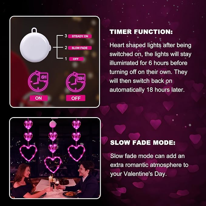 3 Pack Valentines Day Window Lights Decorations with Timer, Battery Powered Hanging Pink Lighted Heart Shaped Silhouette Sucker LED Lamp for Fireplace Indoor Home Decor