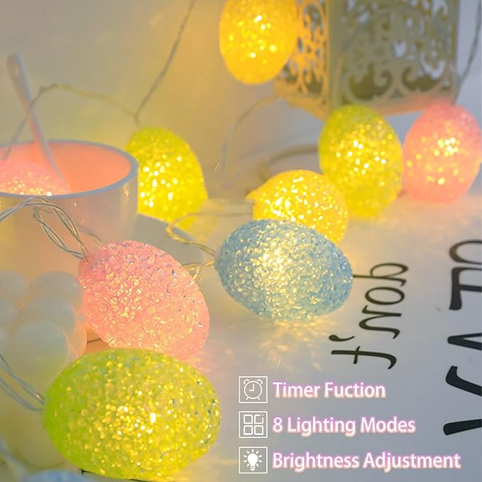 Easter String Lights Battery Operated 7Ft 10 LED Pastel Egg Lights Shatterproof with Timer, Indoor Outdoor Decorations Egg Light String for Party Garden Home Spring Themed Tree Easter Decor