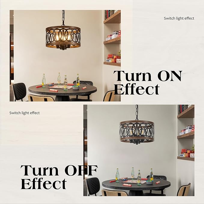 4-Light Farmhouse Drum Pendant Light,12.56'' Nature Wood Texture Vintage Rustic Chandeliers Black Metal Industrial Hanging Light Fixtures for Entryway, Bedroom Dining Room