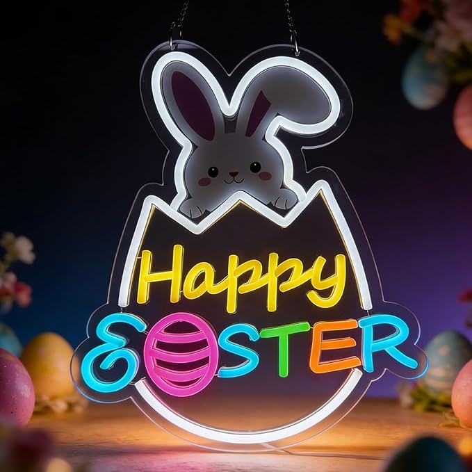 Easter Decorations LED Neon Sign 15 In Happy Easter Neon Sign LED Rabbit Egg Window Lights Home Party Indoor Outdoor Wall Bunny Decor Light Up Sign for Bedroom Easter Birthday Party Decor