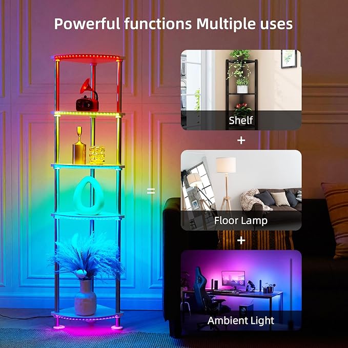 Floor Lamp with Shelves Height Adjustable Music Sync LED Corner Floor Lamp with Charging Stationl Dimmable and Timing RGB Standing Lamp for Christmas Gifts White 5-Tier