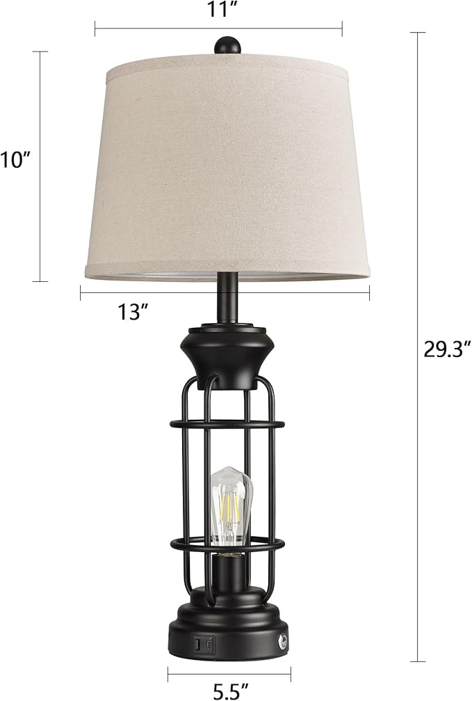 Table Lamp Set of 2 with USB Ports, 28" Tall Farmhouse Table Lamp with 2 Nightlight Bulbs,Touch Control Table Lamps for Bedroom, Rustic Bedside Lamp for End Tables,Bulbs Included,Black
