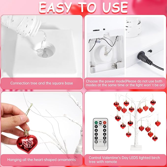 24" Valentine's LED Lighted Birch Tree with 18pcs Ornaments,Warm White LEDs Birch Tree Light Tabletop Artificial Tree 8 Lighting Modes USB or Batteries Operated with Timer for Valentine