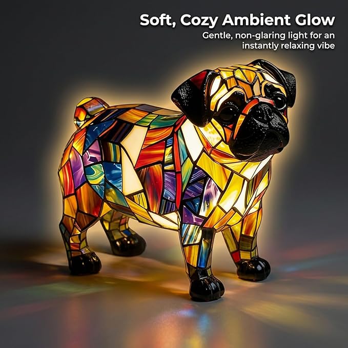 Rainbow Puppy Lamp Stained Glass Dog Night Light 3D Retro Stained Resin Rainbow Pup Lights Charge Powered Table Lamp Puppy Glow Lamps for Home Bedroom Desk (M)