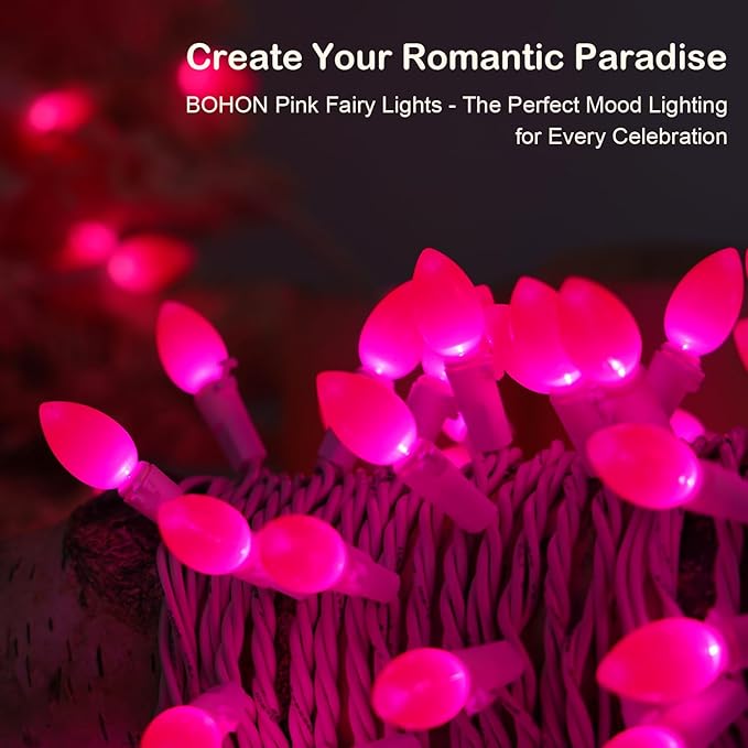 BOHON Pink LED String Lights, 17 Feet White Wire Christmas Lights, 50 Bulbs, Indoor Outdoor Valentine's Day Holiday Wedding Decorative Lighting Valentine Day Decor
