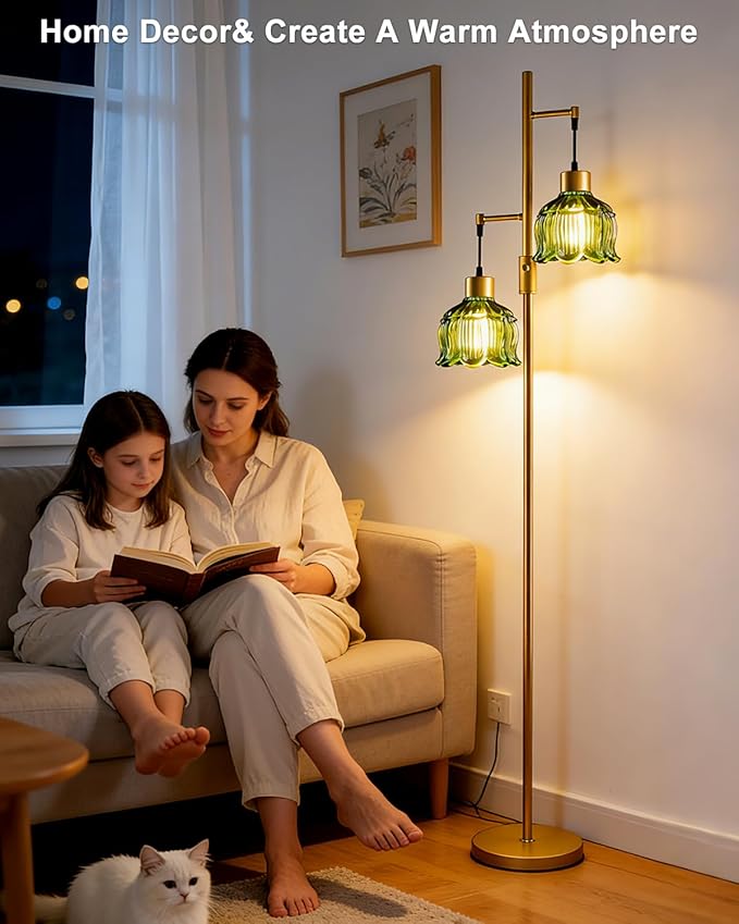 2-Light Gold Floor Lamp for Living Room, 65IN Tall Standing Lamps Dimmable with Green Glass Lampshade, 3000K Warmwhite Mid Century Modern Floor Lamp for Bedroom/Office/Corner/Sofa Beside
