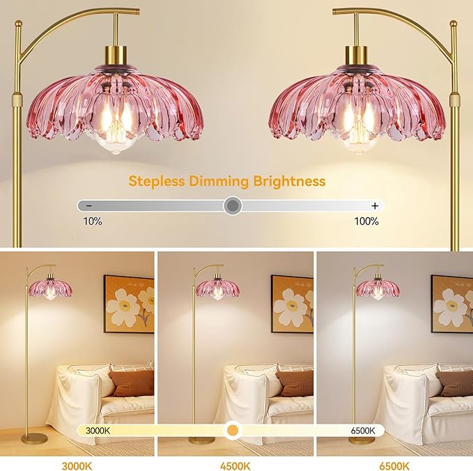Pink Floor Lamp for Living Room,Bedroom,Glass Mid Century Modern Standing Lamp with Remote,Dimmable Gold Tall Lamp Vintage Arc Floor Lamps Flower Girls Kids Light Boho Bohemian