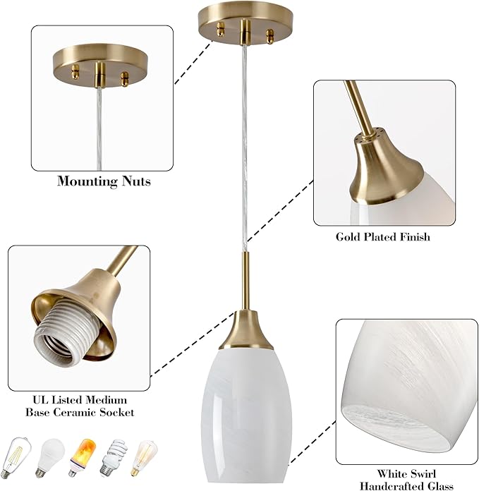 Mini Glass Pendant Light 4.72" with Handblown White Swirl Art Glass Hanging Light 1-Pack Oval Ceiling Hanging Light Fixture for Dining Room Kitchen Island Cafe Foyer Hallway