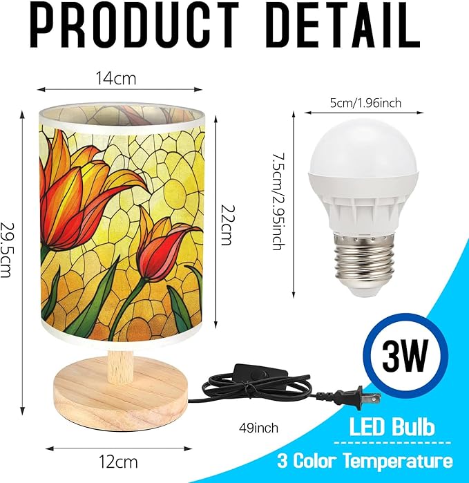 Tulip Table Lamp LED 3-Color Pressed Bedside, Tulip Shade Lamp with Wood Base for Bedroom Living Room Desk Office TL01