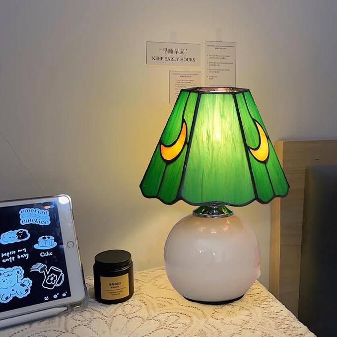 Mushroom Lamp Tiffany Lamp Stained Glass Table Lamp Moon Cute Small Bedside Lamps for Living Room Home Decor,Unique Aesthetic Home Living Room Decor Girls Women Birthday Day Gift,(Green)