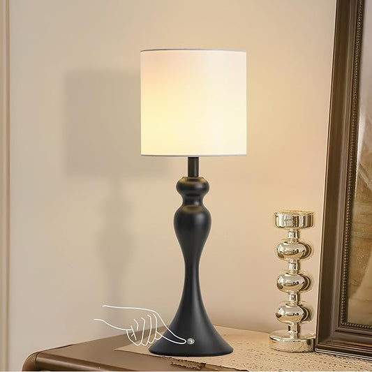 Table Lamp for Bedroom, Cordless Bedside Lamps for Living Room, Touch 3-Way Dimmable Desk Lamp for Night Stands, Rechargeable, Battery Operated Lamp with Fabric Shade for Dorm, Home Office (Black)