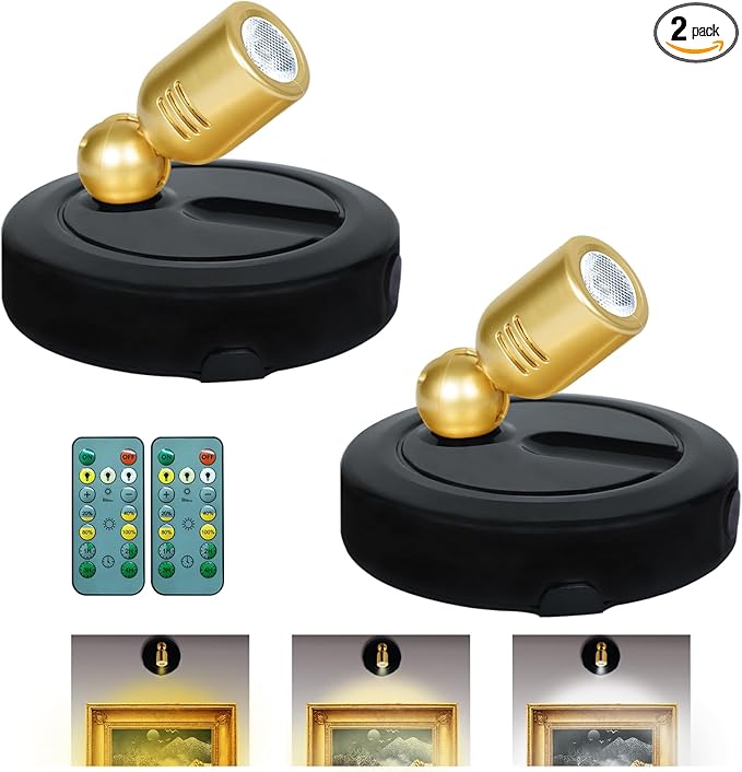 Picture Light Battery Operated, 3 Color Temperatures Picture Light with Remote, Indoor LED Spot Lights for Plants for Wall Frame Dartboard Art Painting Display Accent-Black Gold