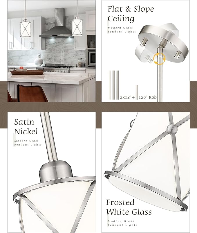 Brushed Nickel Pendant Lights Kitchen Island 3 Pack, Milk Glass Kitchen Pendant Lighting Over Island with Rods, Modern Mini Hanging Light for Sink Dining Room, CH9176BNW-3PK