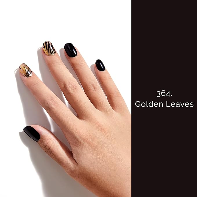 Semi Cured Gel Nail Strips - NAILOG 20 Pcs Gel Nail Stickers | Buy 2 Get 1 UV Light | Extra Long Nail Wraps with Glossy Gel Finishing Black, Golden Leaves