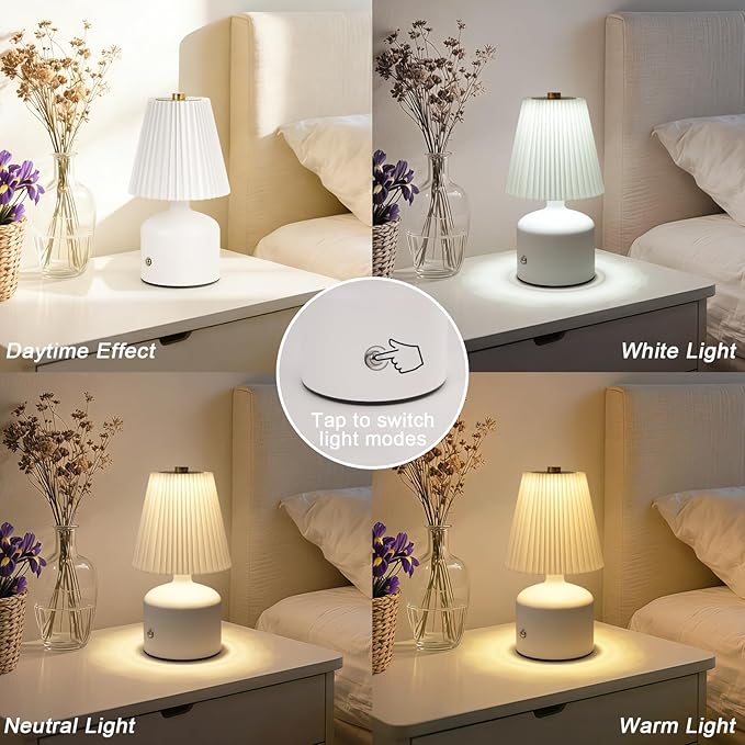 Small Cordless Table Lamp Rechargeable Desk Lamp, 3 Color Stepless Dimming, Metal Base Pleated Table Lamp for Bedside, Bedroom, Dining Room, Living Room (White)