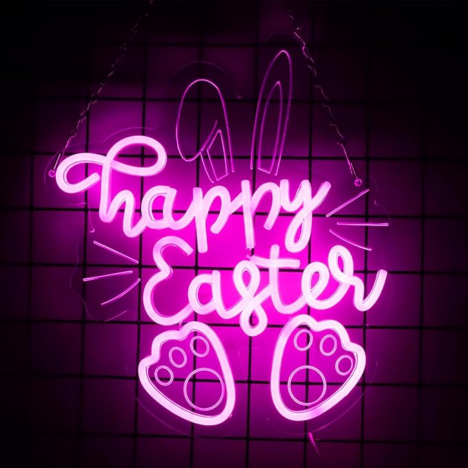 Easter Neon Sign for Wall Decor Rabbit Happy Easter LED Neon Light Window USB Powered for Wall Room Gift Party Decoration
