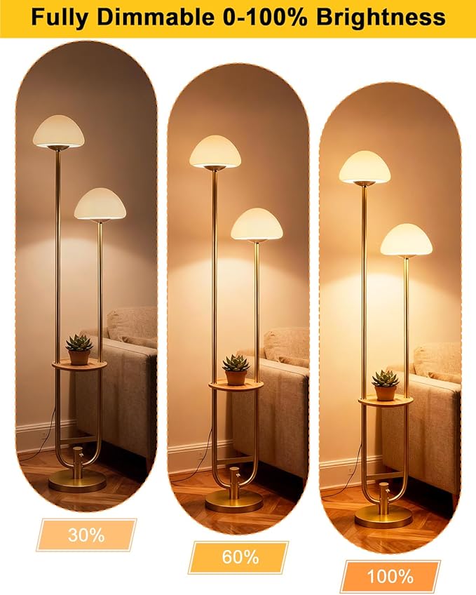 Lightdot 63IN Gold Dimmable Floor Lamp with Table& Mushroom Shades, Modern Mid Century Standing Lamps with Bulbs Included, Unique Vintage Tall Floor Lamp for Living Room/Sofa Beside/Corner Decor
