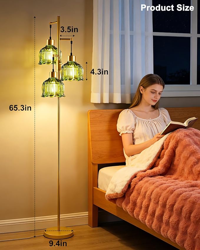 Lightdot 3-Light Floral Floor Lamp 65'' Dimmable Floor Flower Lamp with Green Glass Shade& E12 Bulbs Included, Mid Century Standing Tall Lamp for Living Room/Bedroom/Sofa Beside-Gold