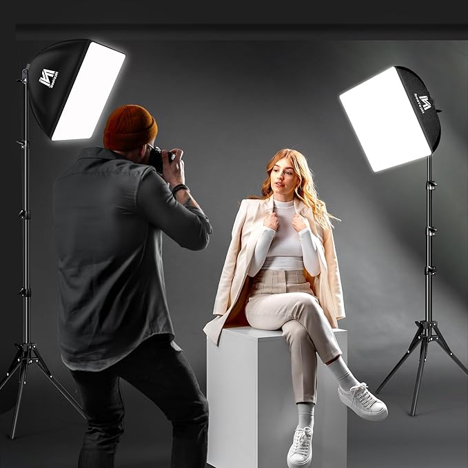 Softbox Lighting Kit, NiceVeedi 2-Pack 16'' x 16'' Softbox Photography Lighting Kit with 63” Tripod Stand & 5400K 450W Equivalent LED Bulb, Continuous Lighting for Photography/Video Record
