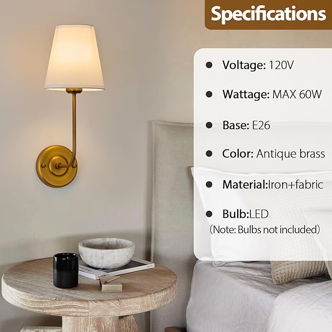 TERLEENART Hardwired Wall Sconce Set of 2 with Flared Shape White Textile Shade Curved Arm and Antique Brass Finish Metal Base,Perfect for Bedroom Living Room Bathroom Vanity Area