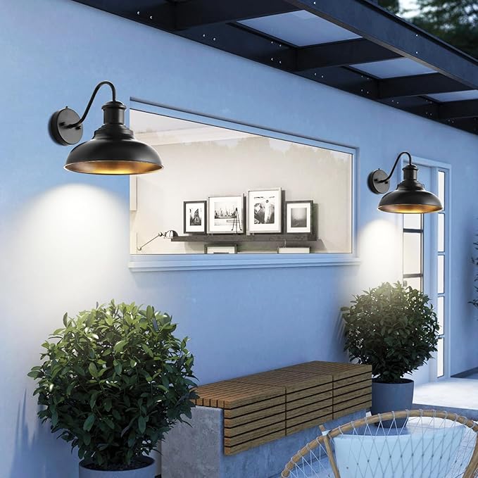 Dusk to Dawn Outdoor Wall Light Fixtures,12" Black Barn Wall Light with Gooseneck, Farmhouse Exterior Waterproof Wall sconces with Dome Shade for House Porch, Garage,Patio, 1Pack