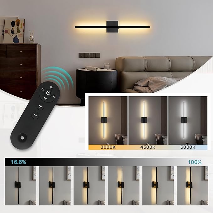 Removable 10000mAh Battery Operated 2 Pack Wall Sconces Lamps Remote Control & 4 Pack Batteries 31.5’‘ Rechargeable Dimmable Black LED Wireless 13.6W Wall Lights for Living Room Bedroom Picture Foyer