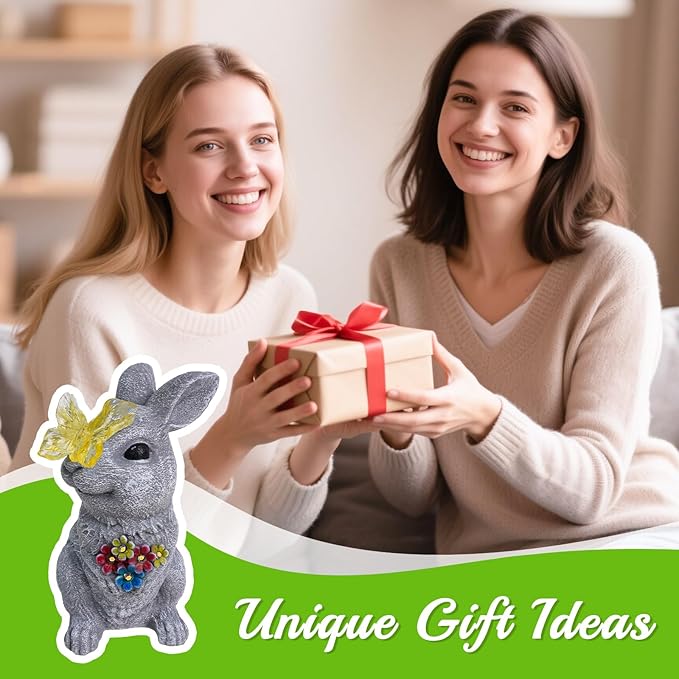 Solar Bunny Garden Statue with Glowing Butterfly - 8.3" Outdoor Garden Decor for Yard, Patio - Resin Rabbit Figurine Lights - Ideal Easter Decorations & Birthday Gifts for Mom, Grandma