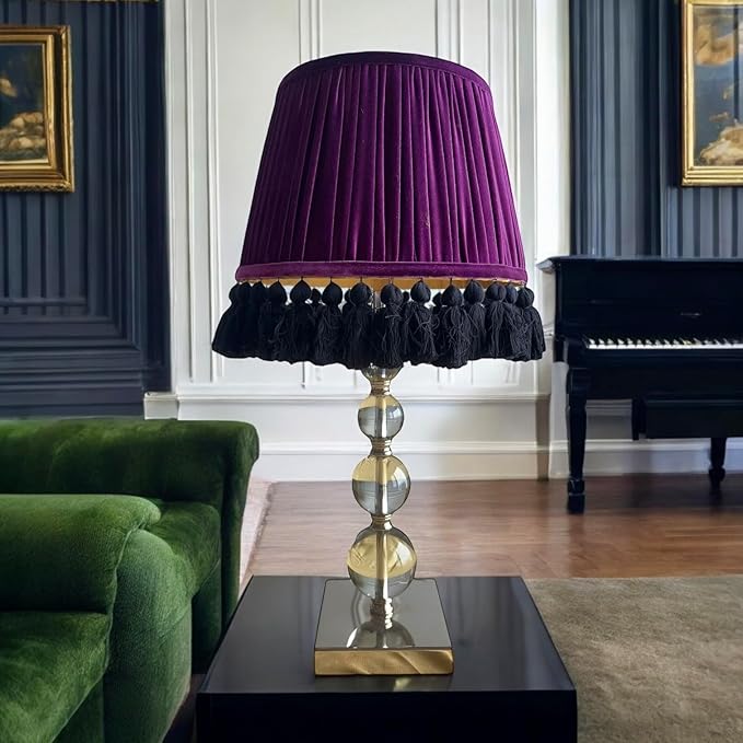 Tristan Home Round Pleated Velvet Lamp Shade with Tassels 10x14x12nches (The Height 12inch Includes Tassels) (Deep Purple Burgundy)
