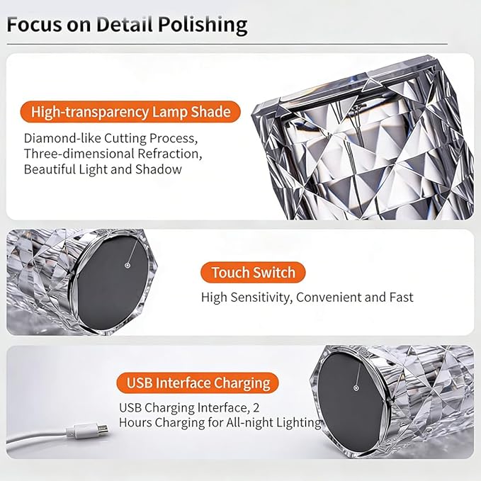 Can Switch 16 Colors Artificial Crystal Table Lamp, 2026 New 16 Color Rose Crystal Diamond LED Table Lamp, RGB Color Changing Rose Diamond Design, with Remote Control USB Charging Touch Sensor (Large)