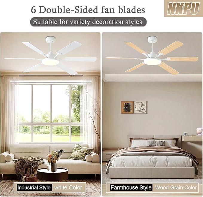 60 Inch Ceiling Fans with Lights, Large Modern White Ceiling Fan with Light and Remote Control, 6 Double Sided Blades, 6 Speed Reversible Motor, Dimmable LED, Silent Timing, Indoor Outdoor Patio Use