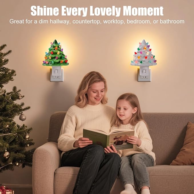 Brightown Ceramic Christmas Tree Night Light - 2 Pack Vintage Christmas Night Light with ON/Off Switch, 5.2" Decorative Ceramic Tree Light for Bedroom Bathroom Living Room Porch Xmas Holiday Decor