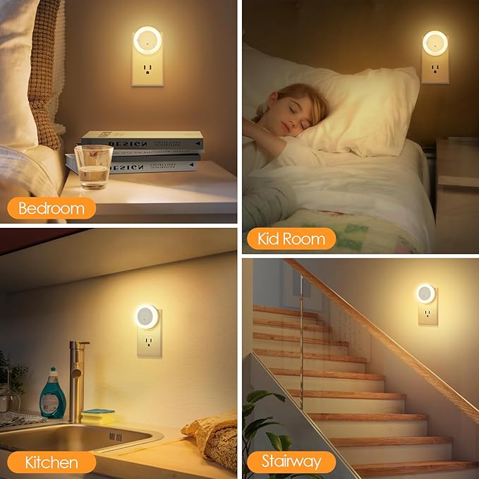 FOLKSMATE LED Night Lights Plug in, Dimmable Nightlight Plug Into Wall with Light Sensor, Soft White Adjustable for Adults, Bedroom, Bathroom, 2-Pack