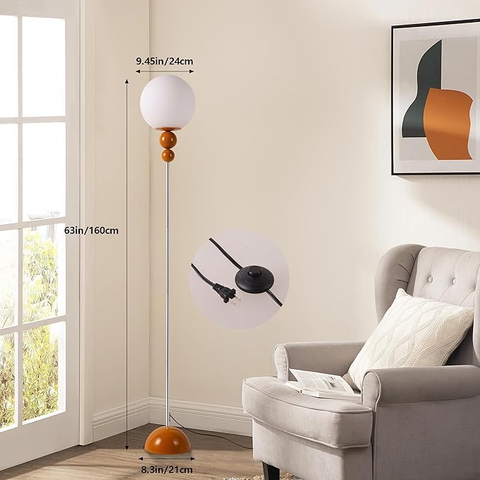 Modern Floor Lamps for Living Room, Globe Glass Shade Floor lamp for Bedroom, Standing lamp for Office, Corner(Orange)