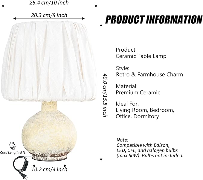 15.5" Antique Ceramic Table Lamp, Small Farmhouse Desk Lamp with Pleated Lampshade, Modern Table Lamps for Bedside Bedroom and Living Room - Side Table Lighting Lamps Replacement (White)