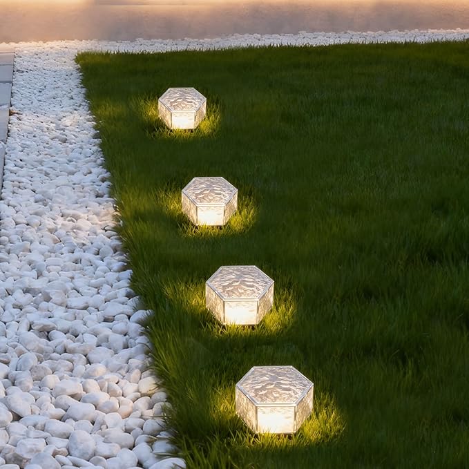 Wokyo 4 Pack Solar Brick Lights, 3.8x3.8 inch Solar Ice Cube Lights with 8 LED Paver Ground Lights for Garden Lawn Yard Pathway Driveway Walkway Decor (Honeycomb-Warm White)