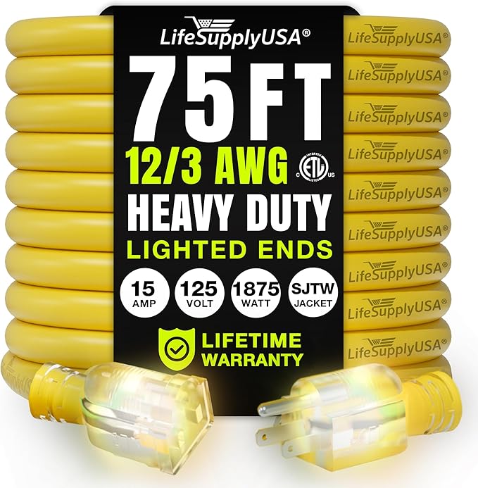 75ft Outdoor/Indoor Extension Cord 12/3 Gauge Extra Heavy Duty 3 Prong SJTW, Waterproof, ETL Listed, Flexible Cold-Resistant Long Power Cord,15A 125V 1875W, Yellow by LifeSupplyUSA