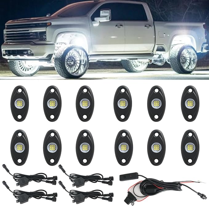 12pods White Rock Lights 12v Aluminum 6000k Super Brights Led Rock Light For Trucks With Switch Ip68 Waterproof For Utv Atv Suv Rzr Rv Trucks Pickup Car Automotive Neon Accent Light Kits