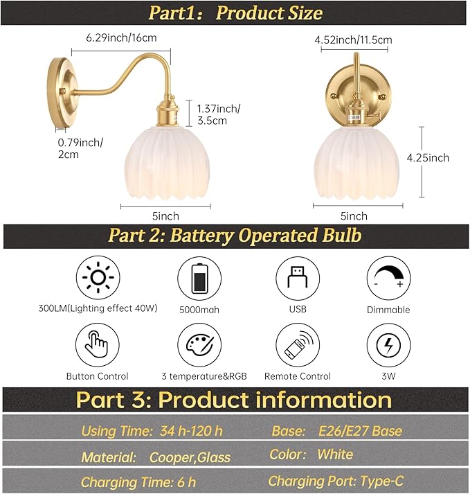Vintage Battery Operated Wall Sconce, 5000mAh Wireless Rechargeable Wall Light, Indoor Battery Powered Wall Lamp for Bedside Bedroom Living Room, Tulip White