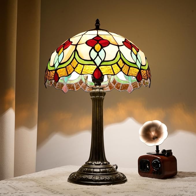 Red Tuilp Tiffany Lamp Stained Glass Table Lamps Antique Vintage Style Bedside Nightstand Nightstand Decor Living Room Bedroom Office Home Retro Bar Hotel 12 Inch Unique Reading Desk Lamps