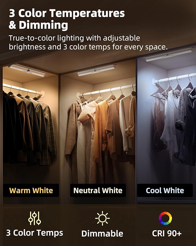 EZVALO 3 Pack Motion Sensor Closet Light with Eye-Protection Design, 1800mAh Rechargeable Under Cabinet Lighting, 3 Color Temps Night Light for Pantry, Stair