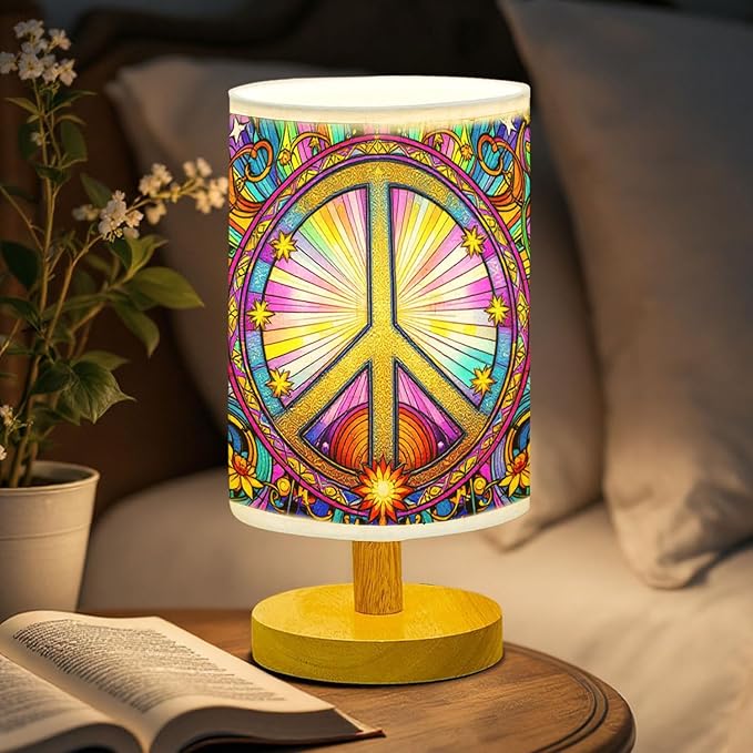 Hippie Table Lamp LED 3-Color Pressed Bedside, Hippie Shade Lamp with Wood Base for Bedroom Living Room Desk Office TL01
