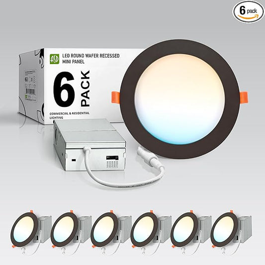 ASD 6 Pack LED Recessed Lighting 6 Inch 12W, 5 CCT 2700K-5000K CRI90+, IC Rated Ultra Thin Dimmable Ceiling Lights with J Box, Canless Wafer Downlight, Round Slim Panel Light, Energy Star ETL, Bronze